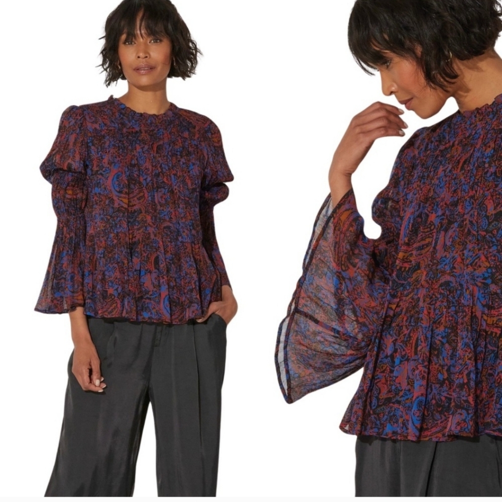 Cleobella Ines Red Paisley  bell sleeve tiered blouse Sz XS Boho Hippie